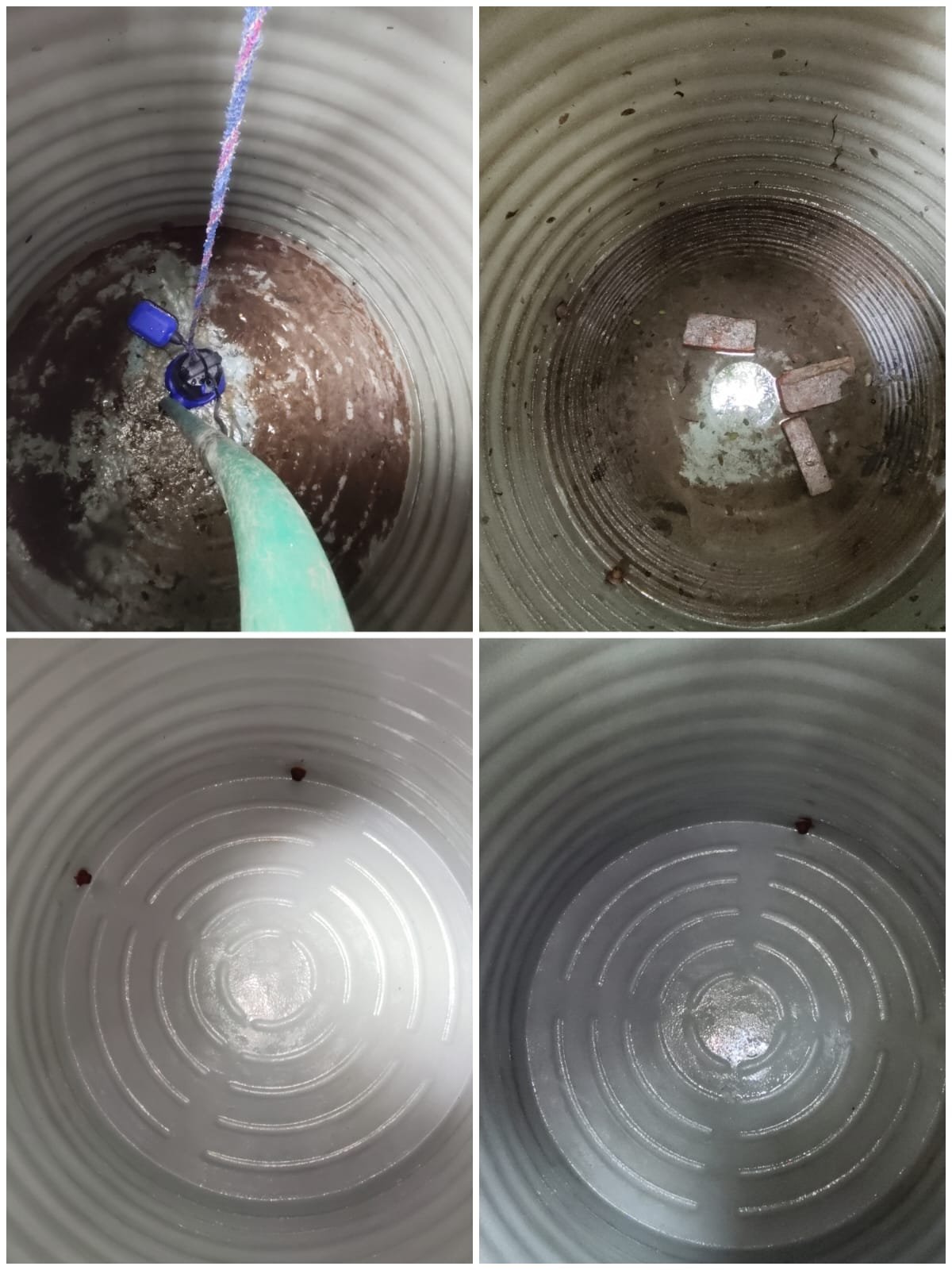 Dirty and cleaned water tank interiors